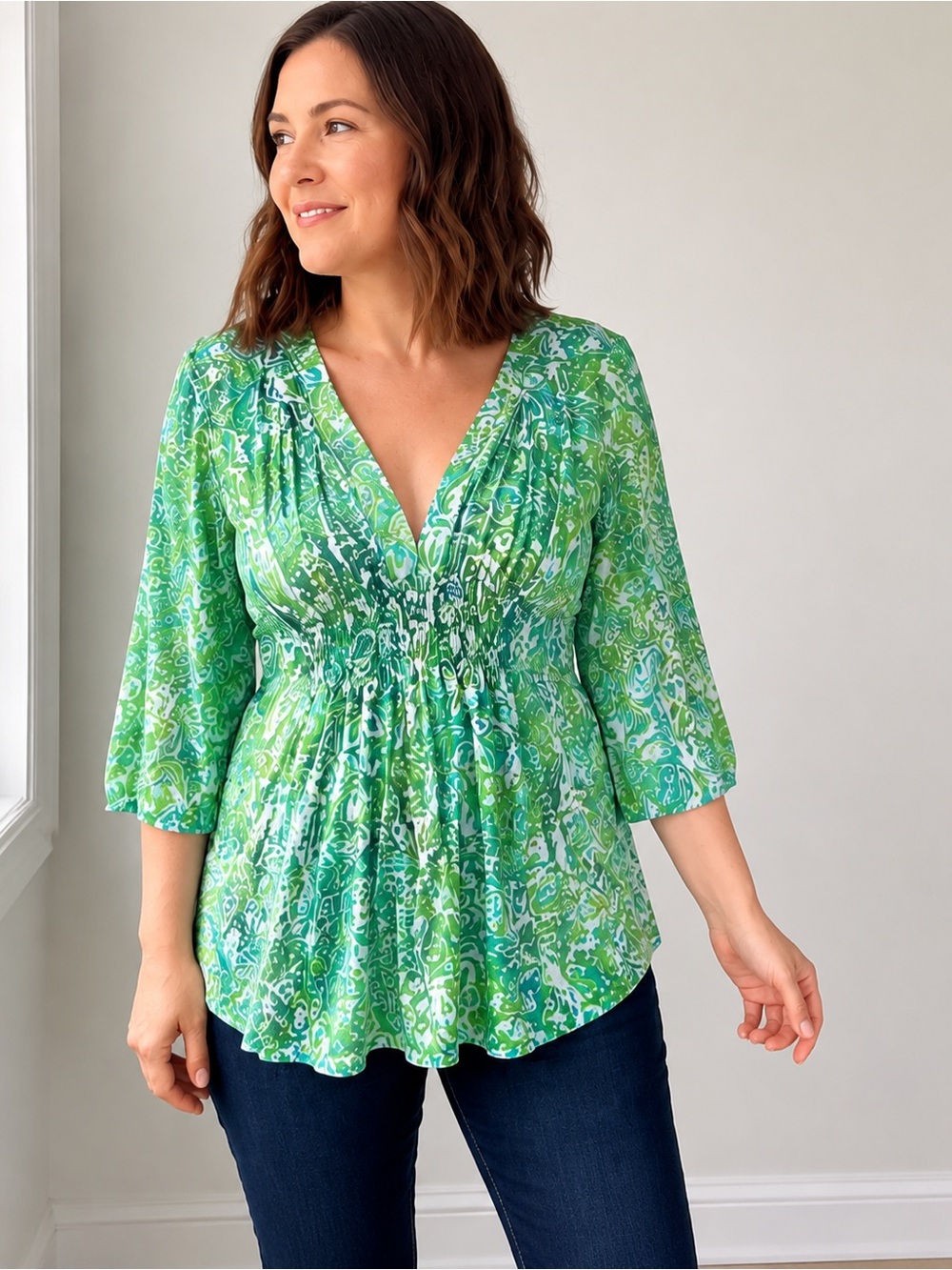 Green Floral Boho Peasant Top XXL Smocked Empire Waist Flowing Tunic Blouse
